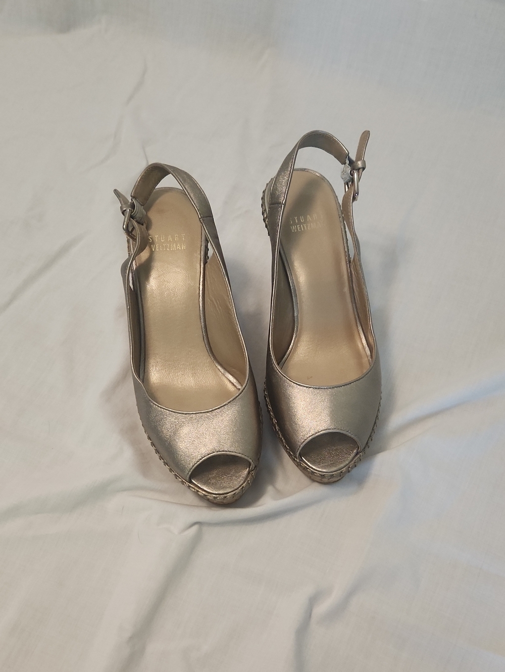 Stuart Weitzman Metallic Champagne Peep-Toe Wedge Slingbacks